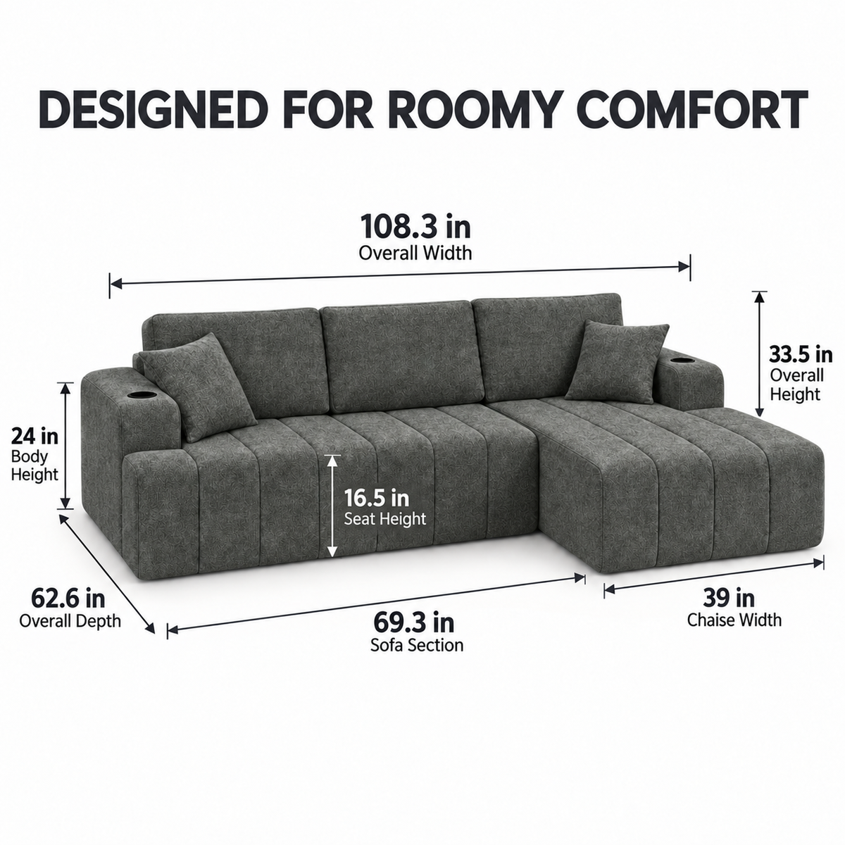 108-Inch L-Shaped Chenille Cloud Sectional Sofa with Chaise, No Assembly, Dark Gray