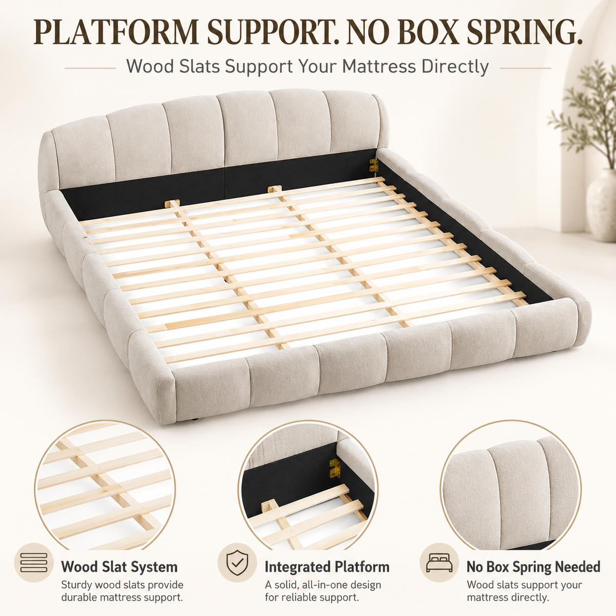 King Size Chenille Upholstered Platform Bed Frame, Curved Headboard & Wrapped Footboard, Low Profile Bed, Wood Slats, No Box Spring Needed, Beige