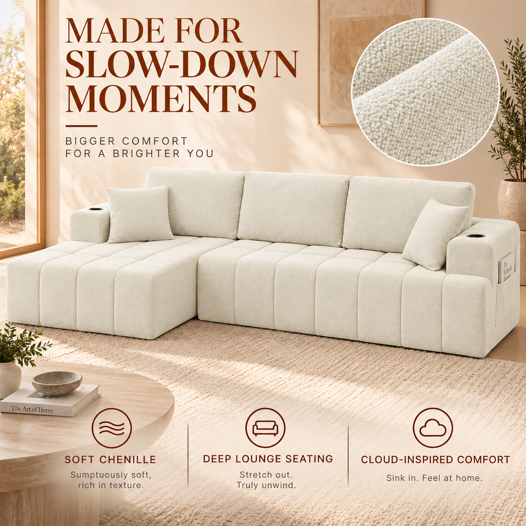 108-Inch L-Shaped Chenille Cloud Sectional Sofa with Chaise, No Assembly, Beige