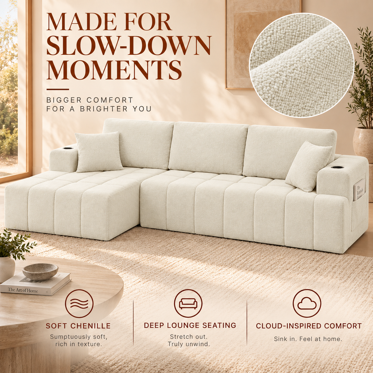 108-Inch L-Shaped Chenille Cloud Sectional Sofa with Chaise, No Assembly, Beige