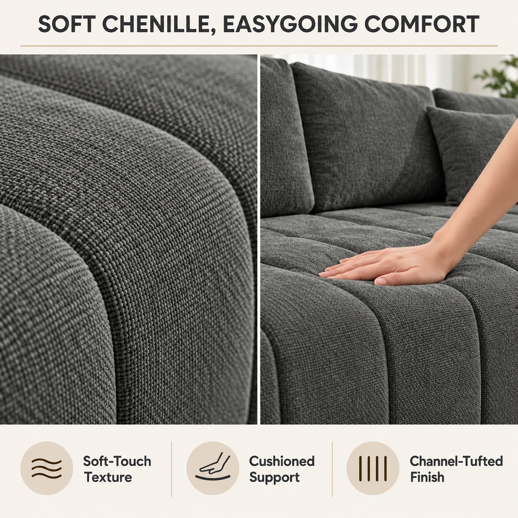 108-Inch L-Shaped Chenille Cloud Sectional Sofa with Chaise, No Assembly, Dark Gray