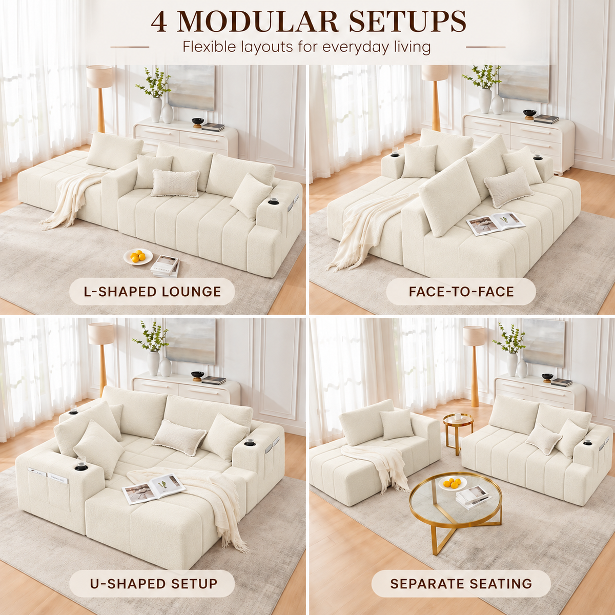 108-Inch L-Shaped Chenille Cloud Sectional Sofa with Chaise, No Assembly, Beige