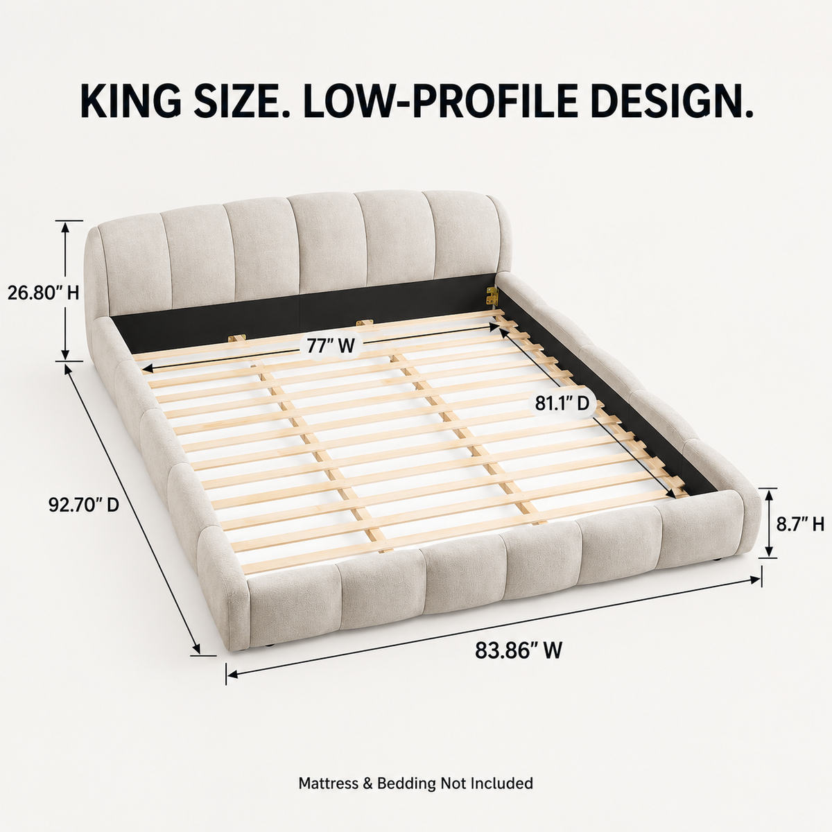 King Size Chenille Upholstered Platform Bed Frame, Curved Headboard & Wrapped Footboard, Low Profile Bed, Wood Slats, No Box Spring Needed, Beige
