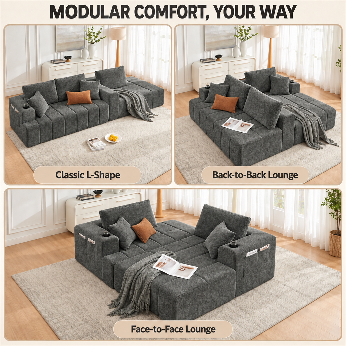 108-Inch L-Shaped Chenille Cloud Sectional Sofa with Chaise, No Assembly, Dark Gray