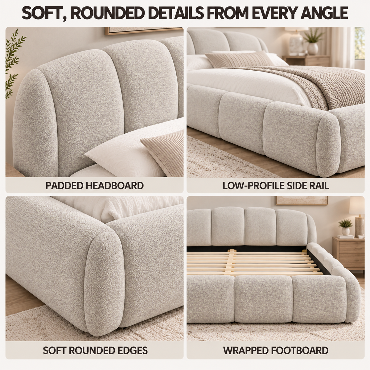 King Size Chenille Upholstered Platform Bed Frame, Curved Headboard & Wrapped Footboard, Low Profile Bed, Wood Slats, No Box Spring Needed, Beige