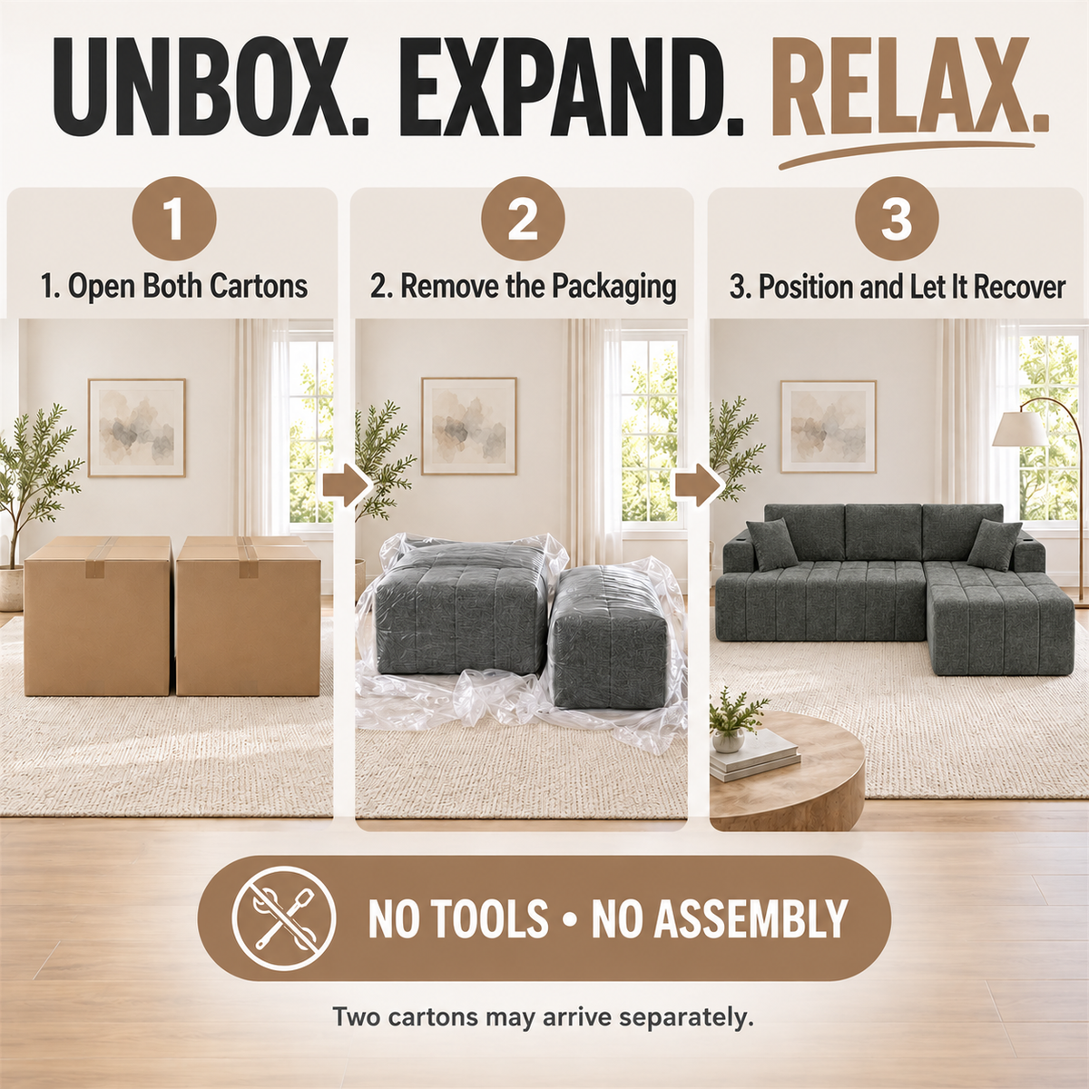 108-Inch L-Shaped Chenille Cloud Sectional Sofa with Chaise, No Assembly, Dark Gray