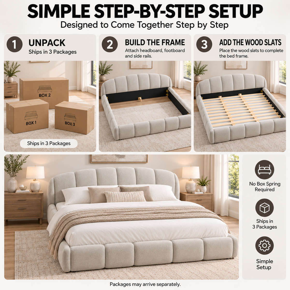 King Size Chenille Upholstered Platform Bed Frame, Curved Headboard & Wrapped Footboard, Low Profile Bed, Wood Slats, No Box Spring Needed, Beige