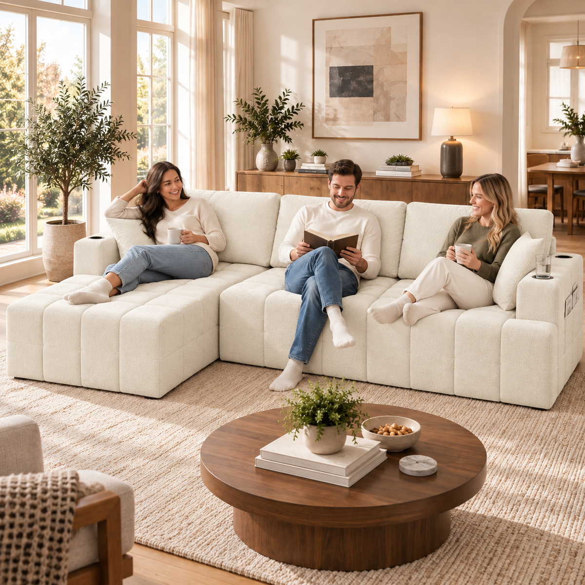 108-Inch L-Shaped Chenille Cloud Sectional Sofa with Chaise, No Assembly, Beige
