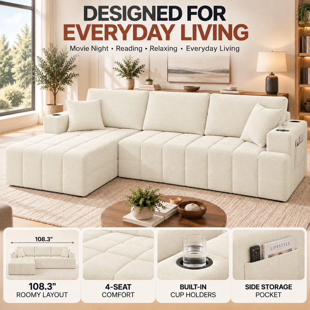 108-Inch L-Shaped Chenille Cloud Sectional Sofa with Chaise, No Assembly, Beige