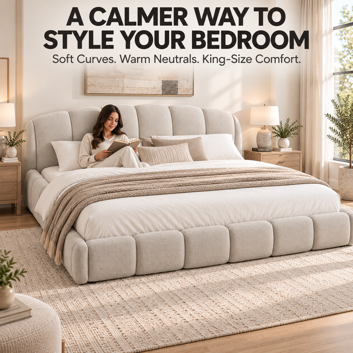 King Size Chenille Upholstered Platform Bed Frame, Curved Headboard & Wrapped Footboard, Low Profile Bed, Wood Slats, No Box Spring Needed, Beige