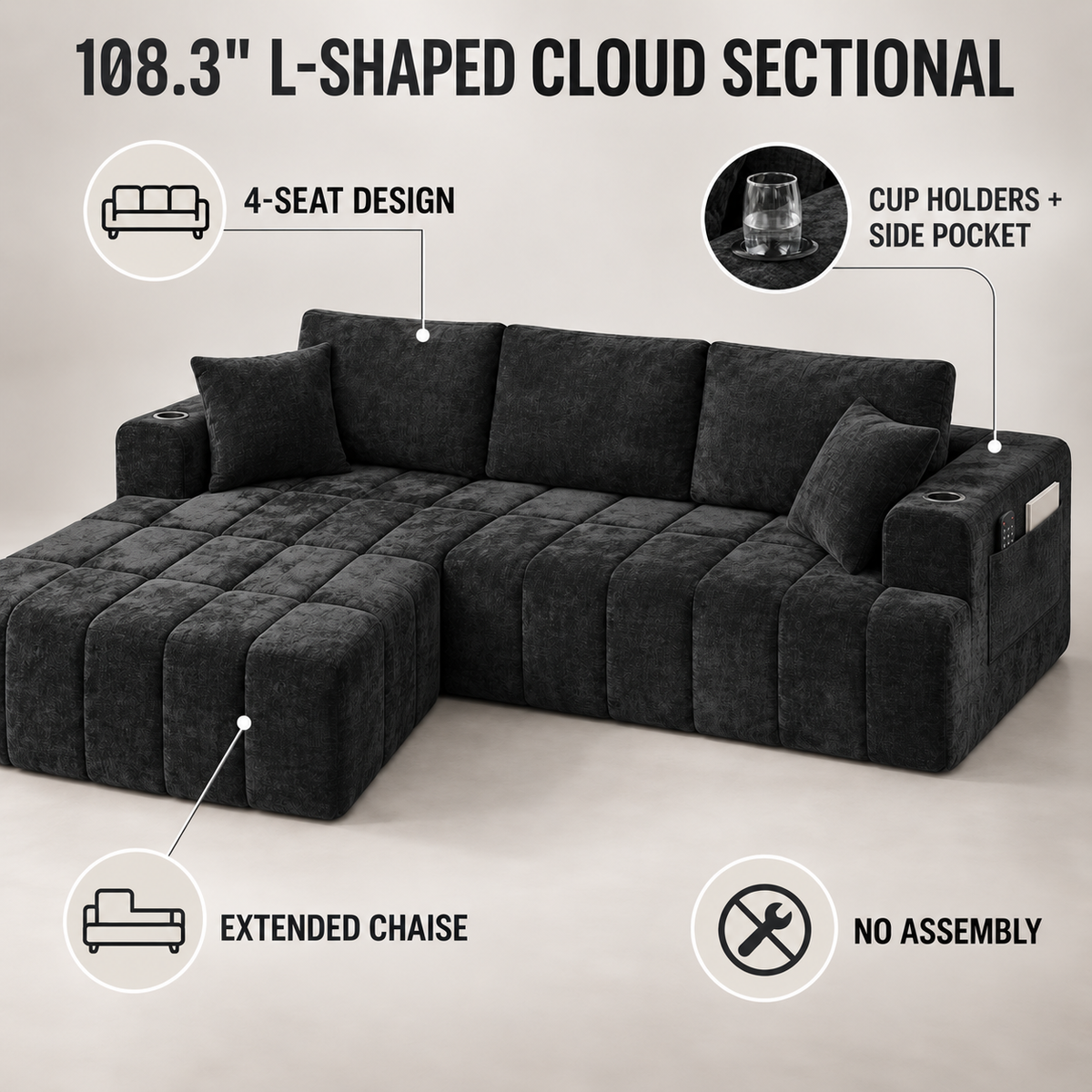 108-Inch L-Shaped Chenille Cloud Sectional Sofa with Chaise, No Assembly, Black