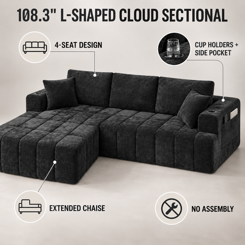 108-Inch L-Shaped Chenille Cloud Sectional Sofa with Chaise, No Assembly, Black