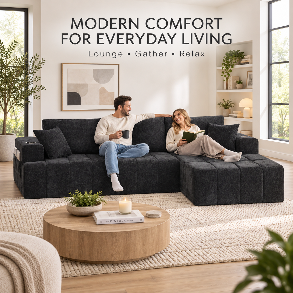 108.3" L-Shaped Chenille Sectional Sofa with Chaise, Cup Holders & Side Pockets, No Assembly, Black