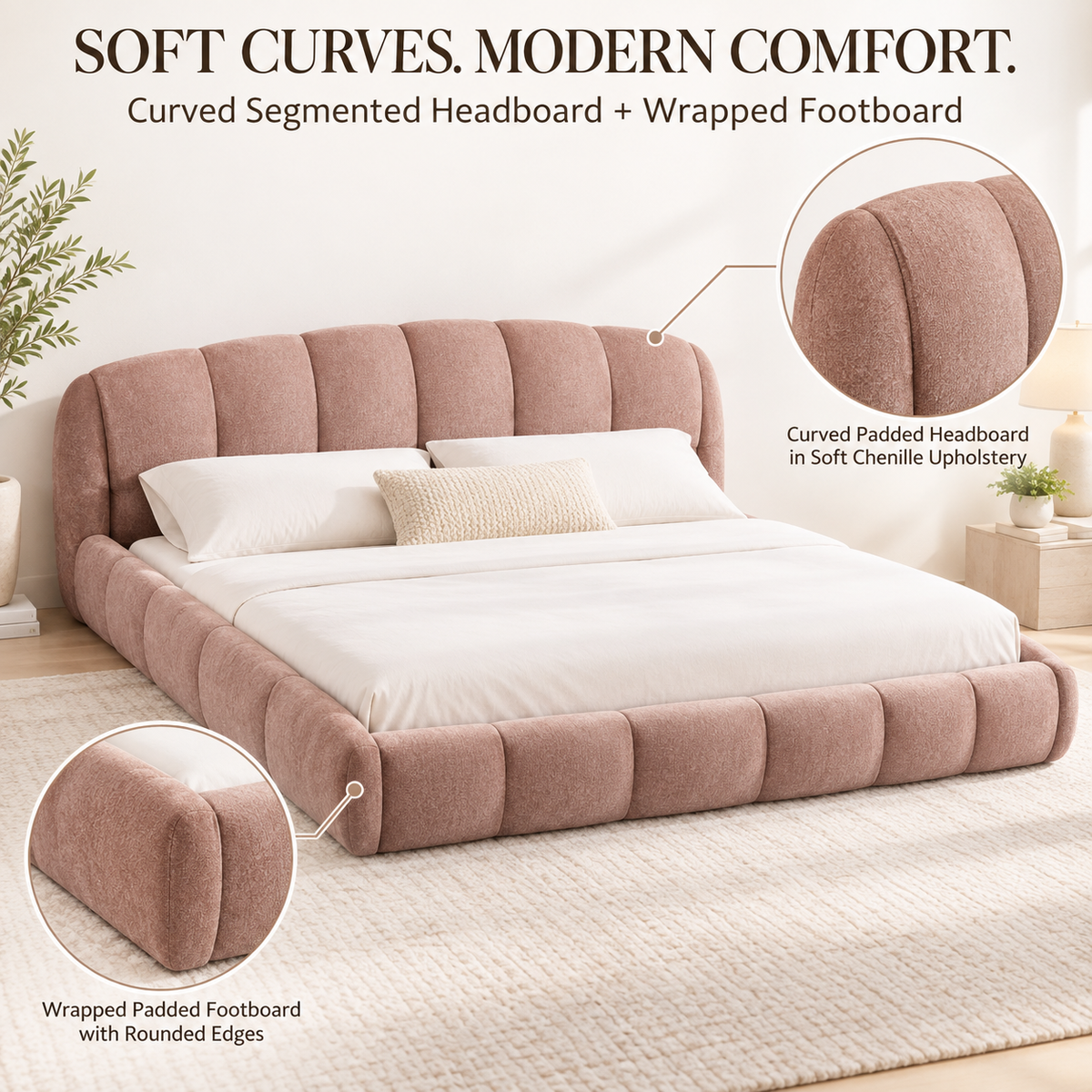 King Size Chenille Upholstered Platform Bed Frame, Curved Headboard & Wrapped Footboard, Low Profile Bed, Wood Slats, No Box Spring Needed, Pink
