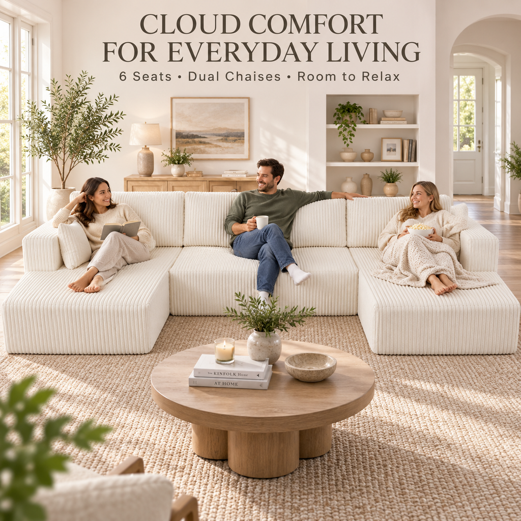 132.5" U-Shaped Modular Corduroy Sectional Sofa, 6-Seater Memory Foam Cloud Couch with Side Pockets, No Assembly, Beige