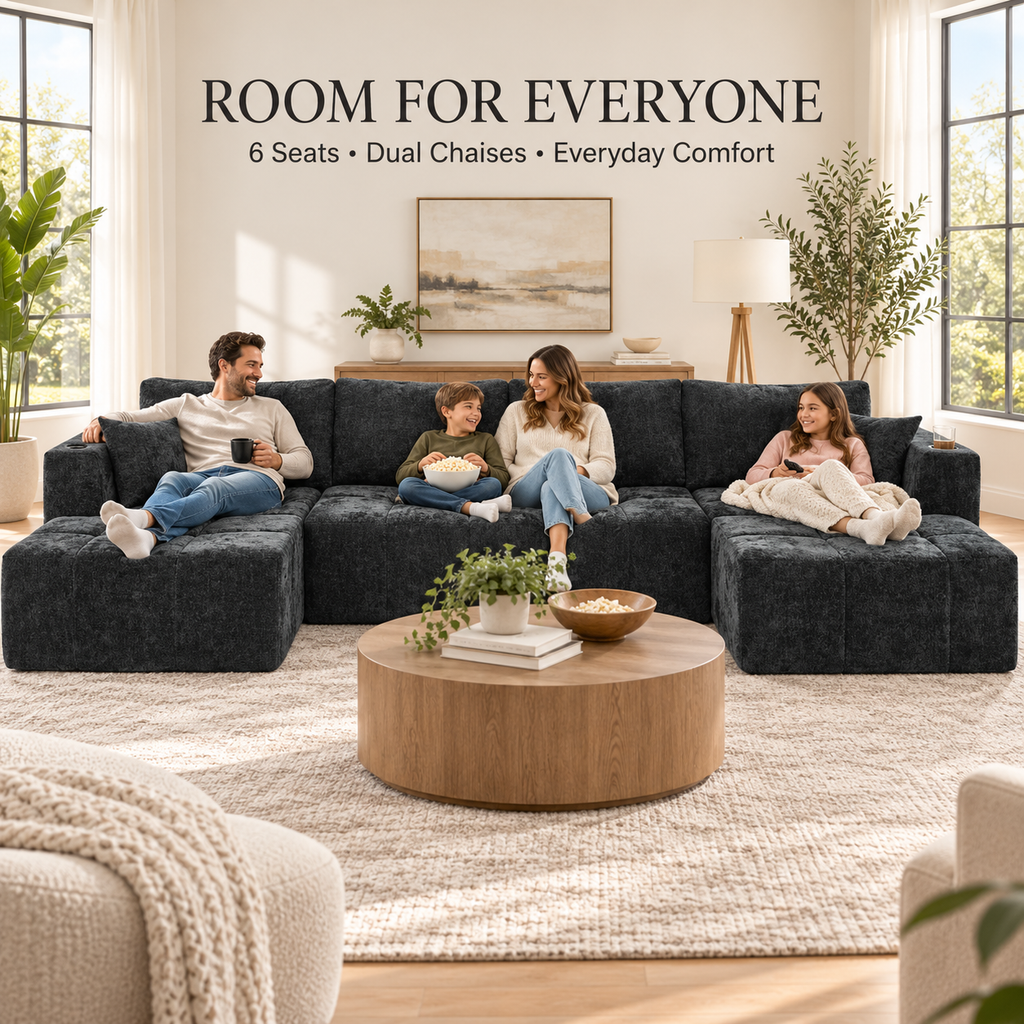 132.5" U-Shaped Chenille Sectional Sofa, 6-Seater Cloud Couch with Dual Chaises, Cup Holders & Side Pockets, No Assembly, Black