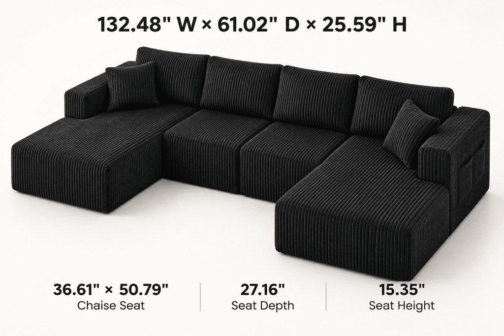 132.5" U Shaped Boneless Modular Sectional Sofa, Oversized Corduroy Couch with Double Chaise, Deep Seats & Side Pockets, No Assembly Compression Sofa for Living Room, Black