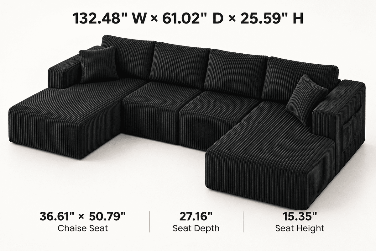 132.5" U Shaped Boneless Modular Sectional Sofa, Oversized Corduroy Couch with Double Chaise, Deep Seats & Side Pockets, No Assembly Compression Sofa for Living Room, Black