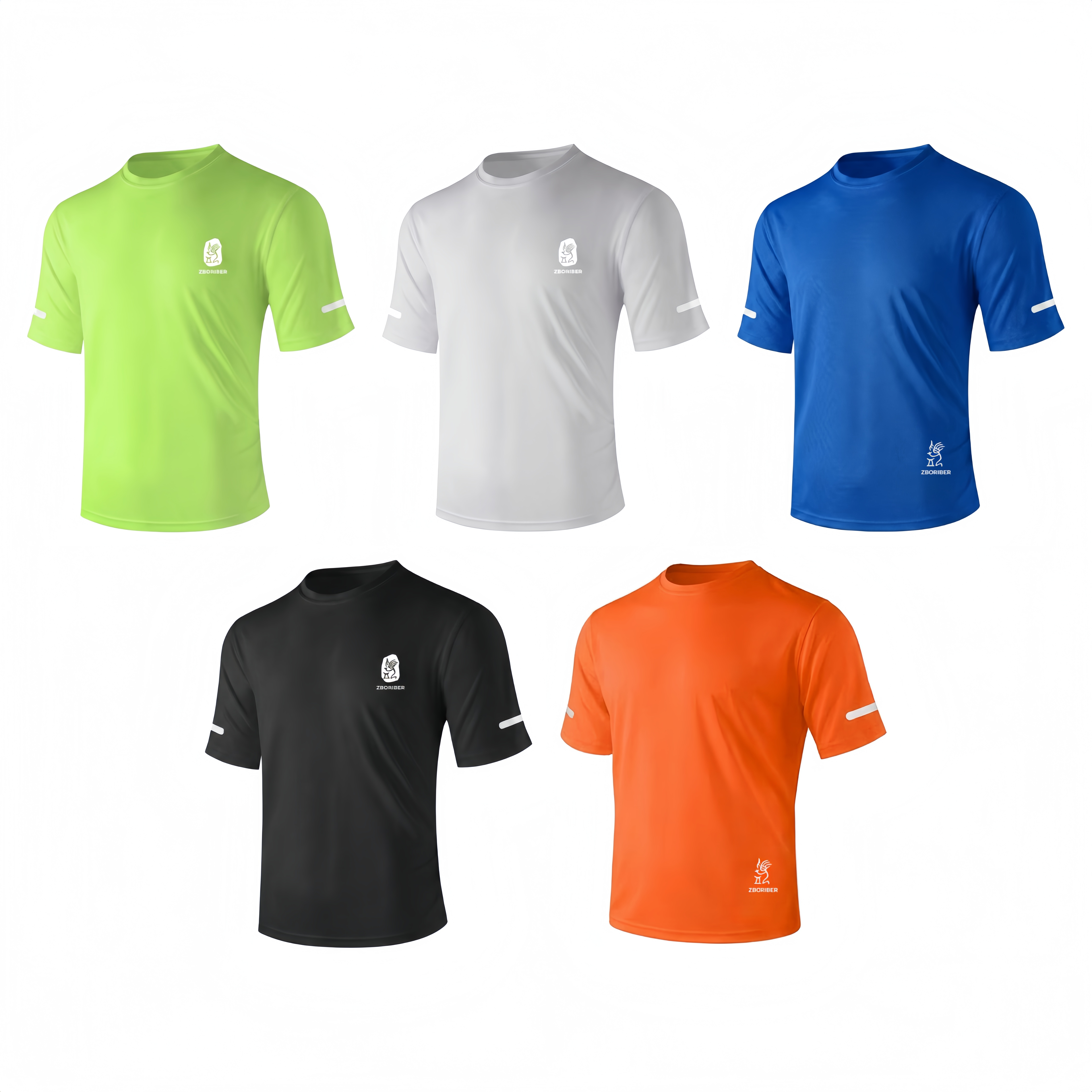 ZBORIBER Men's Short-sleeved T-shirt, Quick-drying, Moisture-wicking, Sweat-wicking, with Reflective Stripes and Reflective Logo,5-Pack