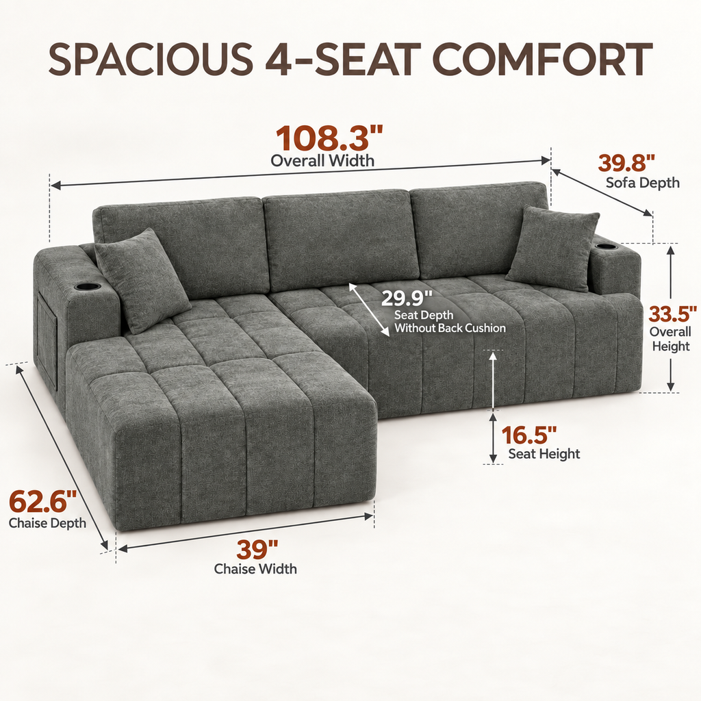 108-Inch L-Shaped Chenille Cloud Sectional Sofa with Chaise, No Assembly, Dark Gray