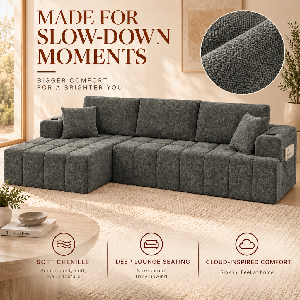 108-Inch L-Shaped Chenille Cloud Sectional Sofa with Chaise, No Assembly, Dark Gray