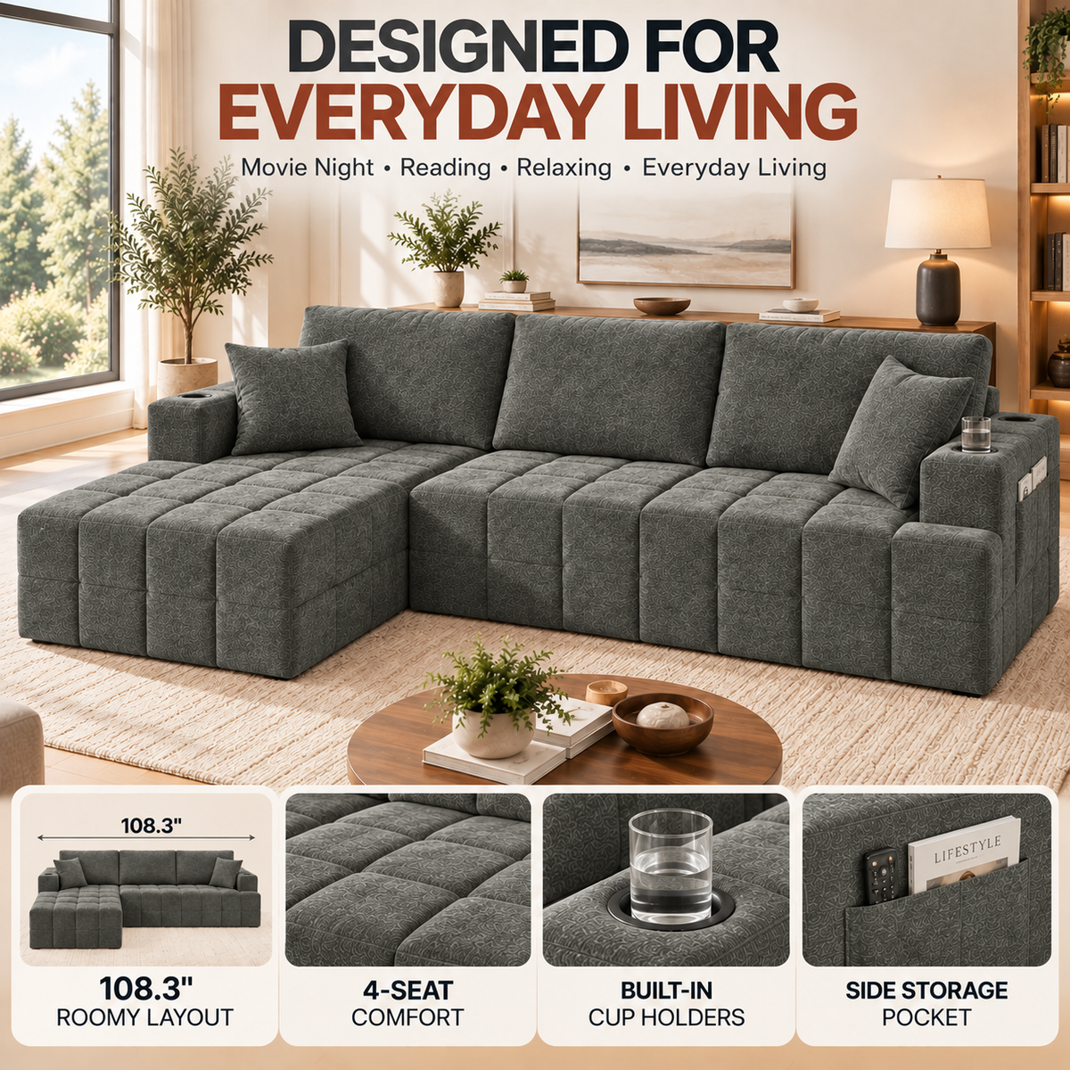 108-Inch L-Shaped Chenille Cloud Sectional Sofa with Chaise, No Assembly, Dark Gray