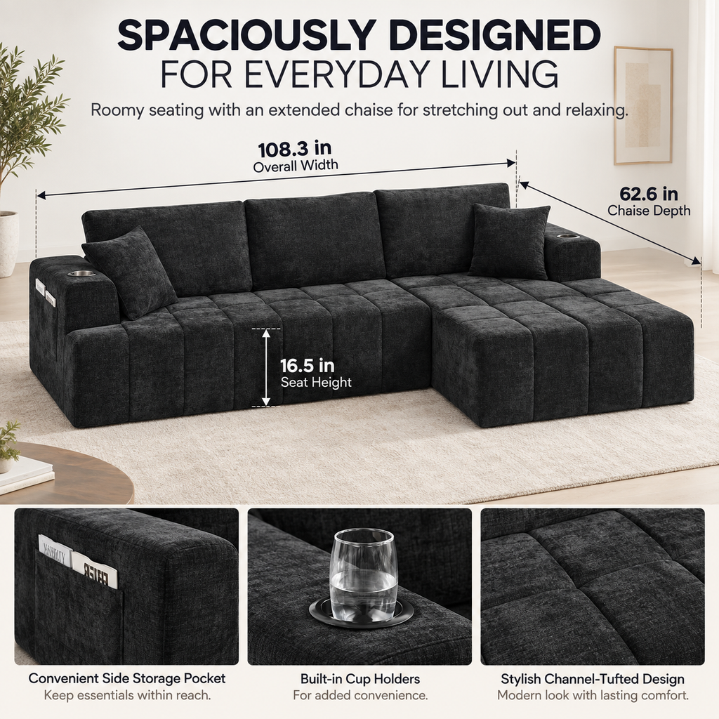 108.3" L-Shaped Chenille Sectional Sofa with Chaise, Cup Holders & Side Pockets, No Assembly, Black
