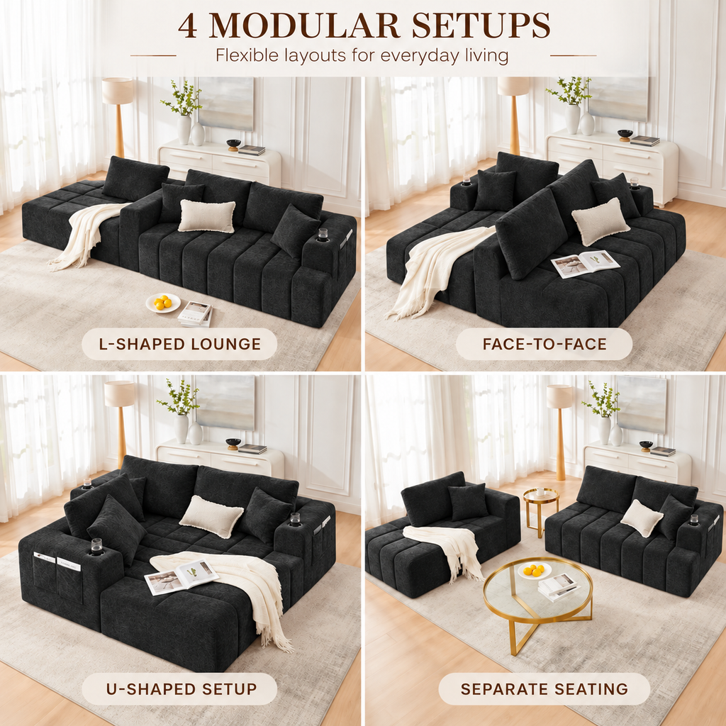 108-Inch L-Shaped Chenille Cloud Sectional Sofa with Chaise, No Assembly, Black