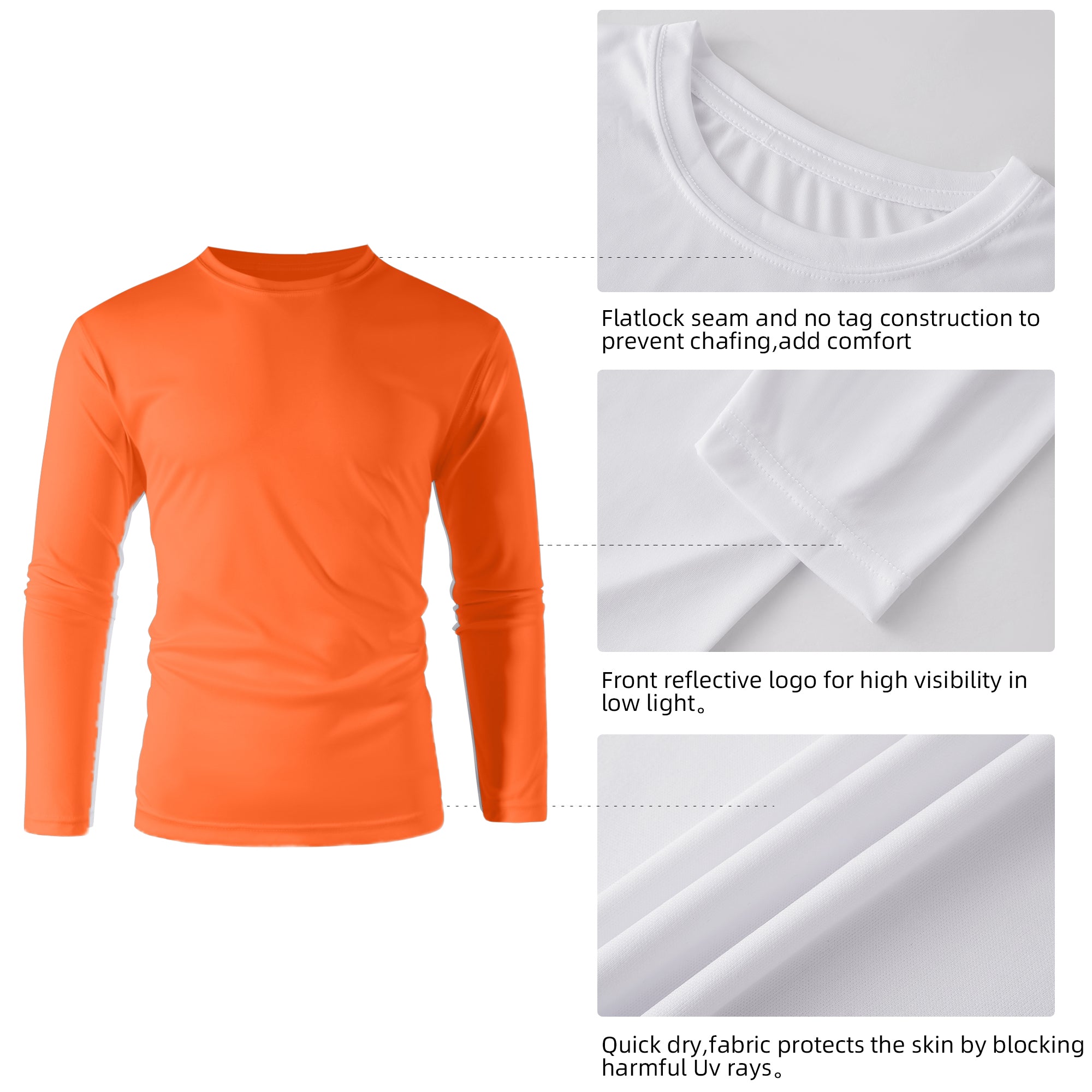 ZBORIBER Men's Quick Dry UPF 50+ UV Sun Protection Moisture Wicking Long Sleeve T-Shirt for Casual Workout,Sizes S-3XL,Neon Orange