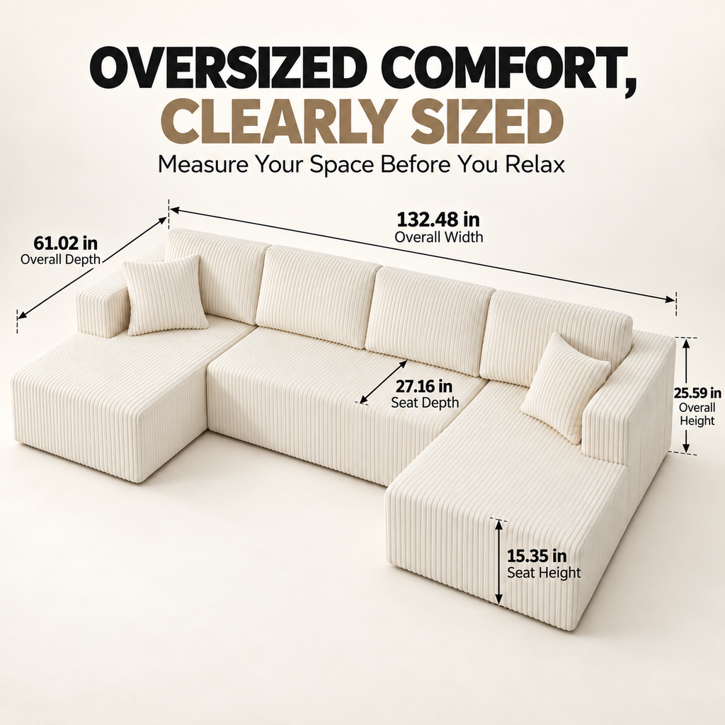 132.5" U-Shaped Modular Corduroy Sectional Sofa, 6-Seater Memory Foam Cloud Couch with Side Pockets, No Assembly, Beige