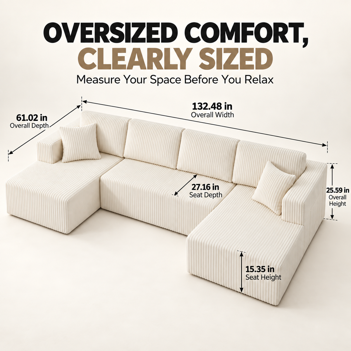 132.5" U-Shaped Modular Corduroy Sectional Sofa, 6-Seater Memory Foam Cloud Couch with Side Pockets, No Assembly, Beige