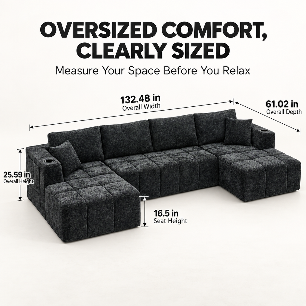 132.5" U-Shaped Chenille Sectional Sofa, 6-Seater Cloud Couch with Dual Chaises, Cup Holders & Side Pockets, No Assembly, Black