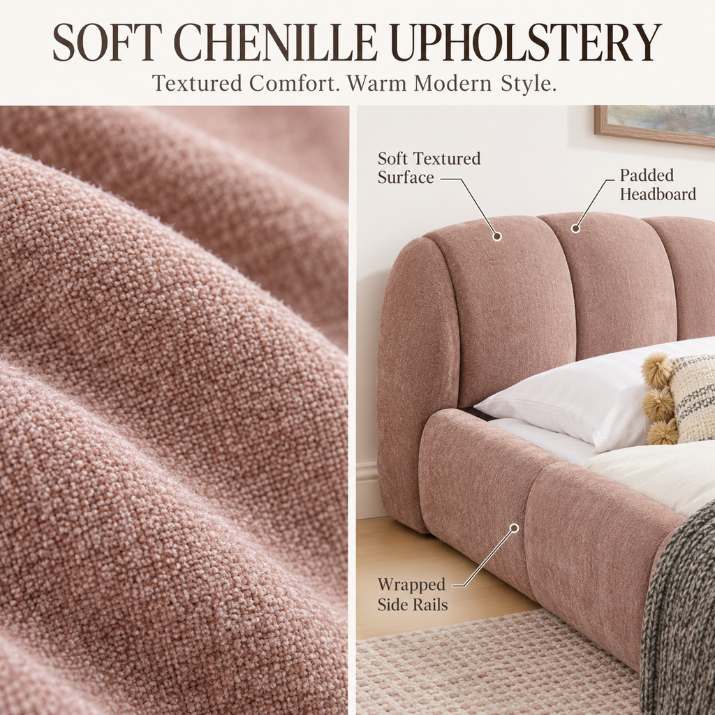 King Size Chenille Upholstered Platform Bed Frame, Curved Headboard & Wrapped Footboard, Low Profile Bed, Wood Slats, No Box Spring Needed, Pink