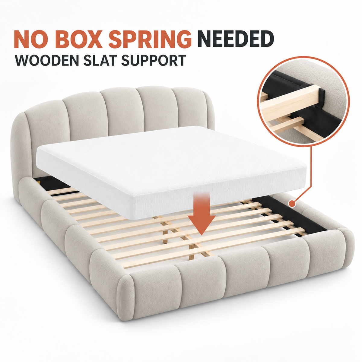 Queen Chenille Upholstered Platform Bed Frame, Curved Headboard, Beige