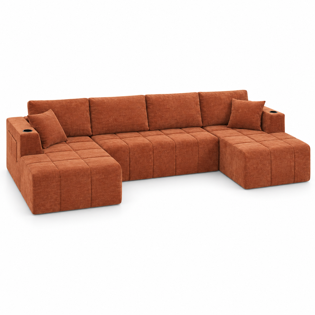 132.5" U-Shaped Chenille Sectional Sofa, 6-Seater Cloud Couch with Dual Chaises, Cup Holders & Side Pockets, No Assembly, Orange