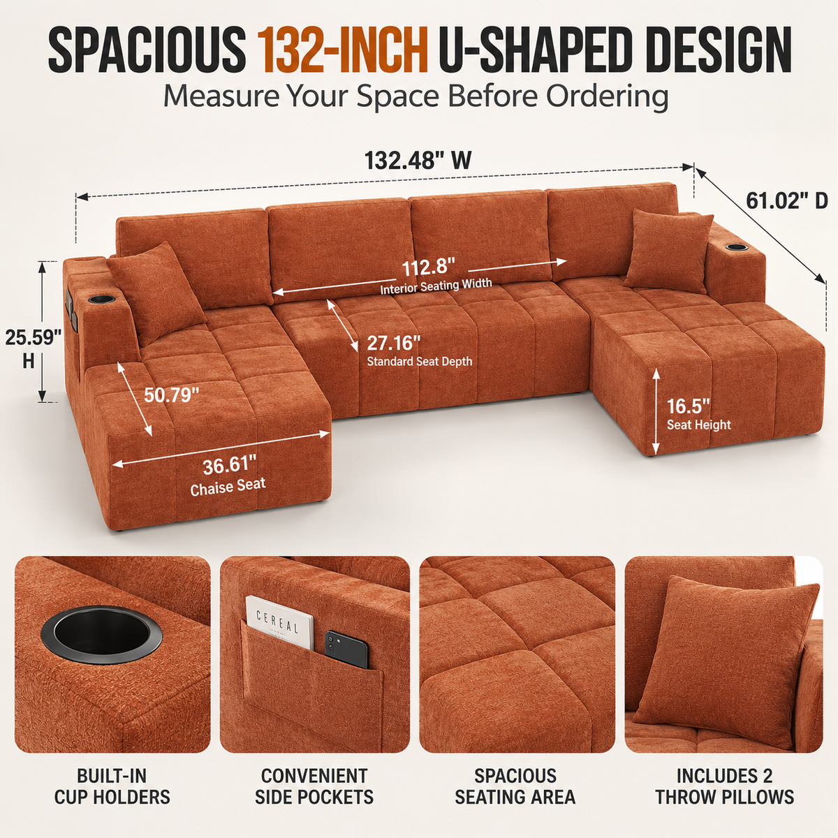 132.5" U-Shaped Chenille Sectional Sofa, 6-Seater Cloud Couch with Dual Chaises, Cup Holders & Side Pockets, No Assembly, Orange