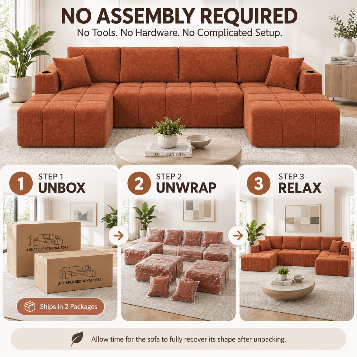 132.5" U-Shaped Chenille Sectional Sofa, 6-Seater Cloud Couch with Dual Chaises, Cup Holders & Side Pockets, No Assembly, Orange