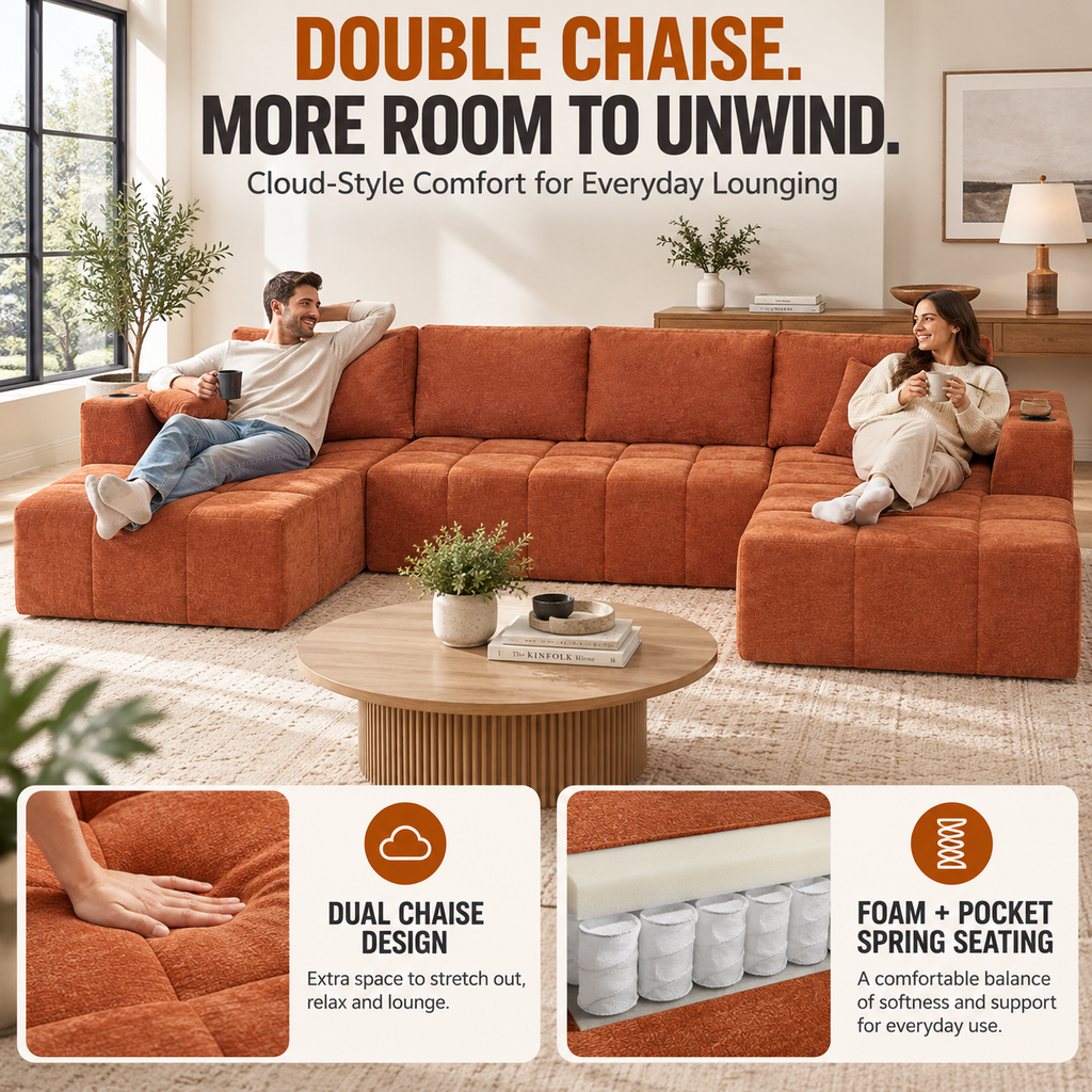 132.5" U-Shaped Chenille Sectional Sofa, 6-Seater Cloud Couch with Dual Chaises, Cup Holders & Side Pockets, No Assembly, Orange