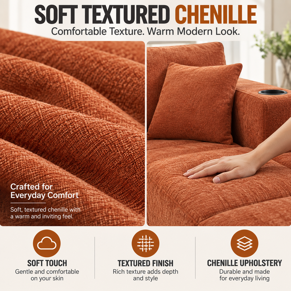 132.5" U-Shaped Chenille Sectional Sofa, 6-Seater Cloud Couch with Dual Chaises, Cup Holders & Side Pockets, No Assembly, Orange