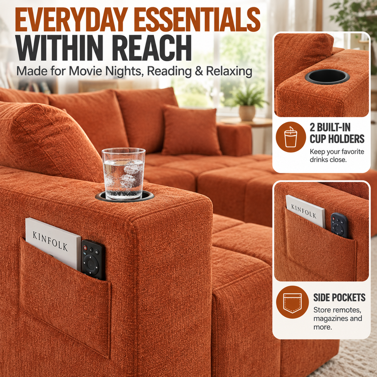 132.5" U-Shaped Chenille Sectional Sofa, 6-Seater Cloud Couch with Dual Chaises, Cup Holders & Side Pockets, No Assembly, Orange