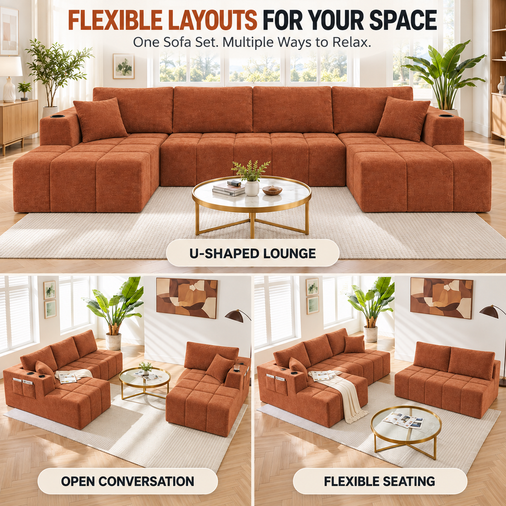 132.5" U-Shaped Chenille Sectional Sofa, 6-Seater Cloud Couch with Dual Chaises, Cup Holders & Side Pockets, No Assembly, Orange