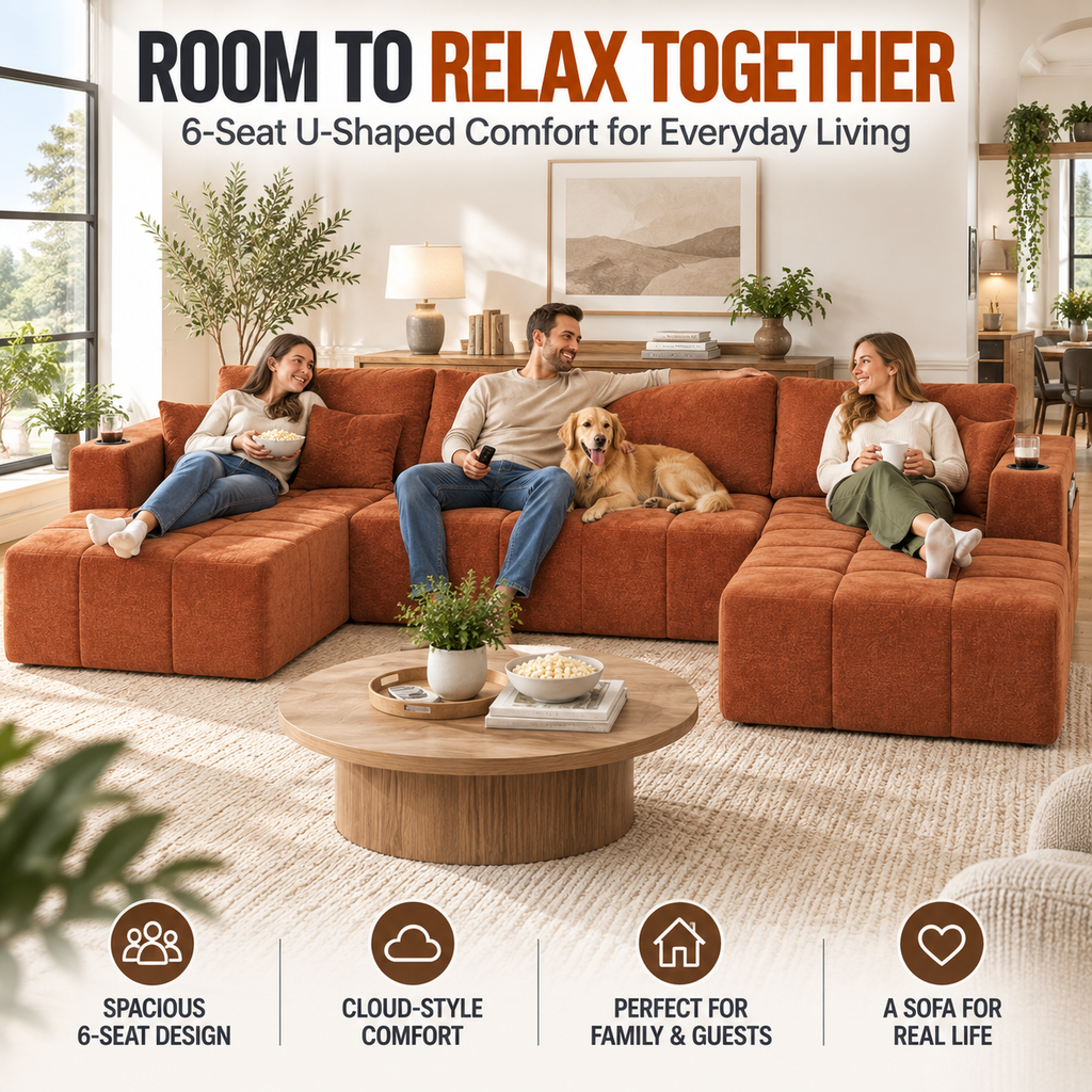 132.5" U-Shaped Chenille Sectional Sofa, 6-Seater Cloud Couch with Dual Chaises, Cup Holders & Side Pockets, No Assembly, Orange