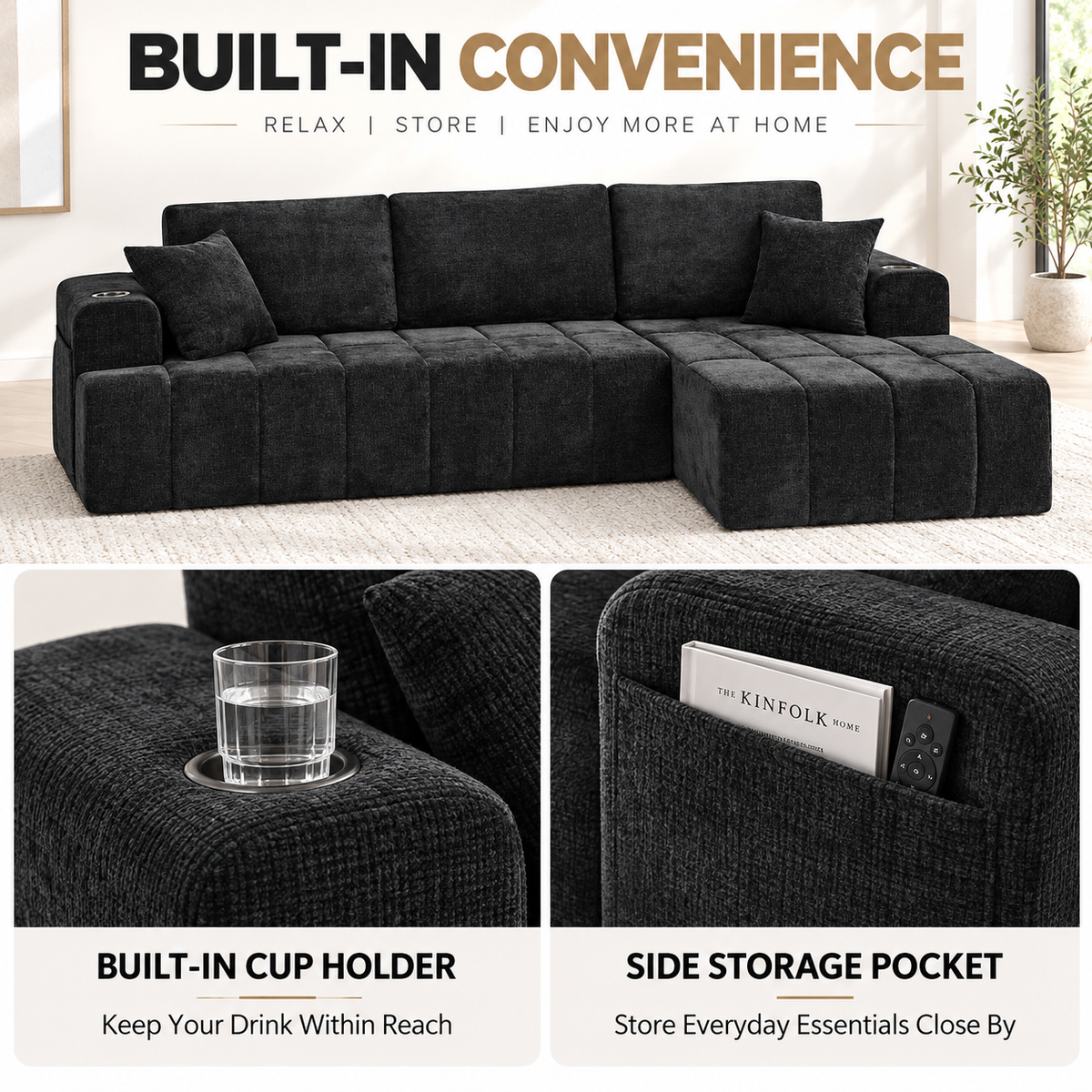 108.3" L-Shaped Chenille Sectional Sofa with Chaise, Cup Holders & Side Pockets, No Assembly, Black