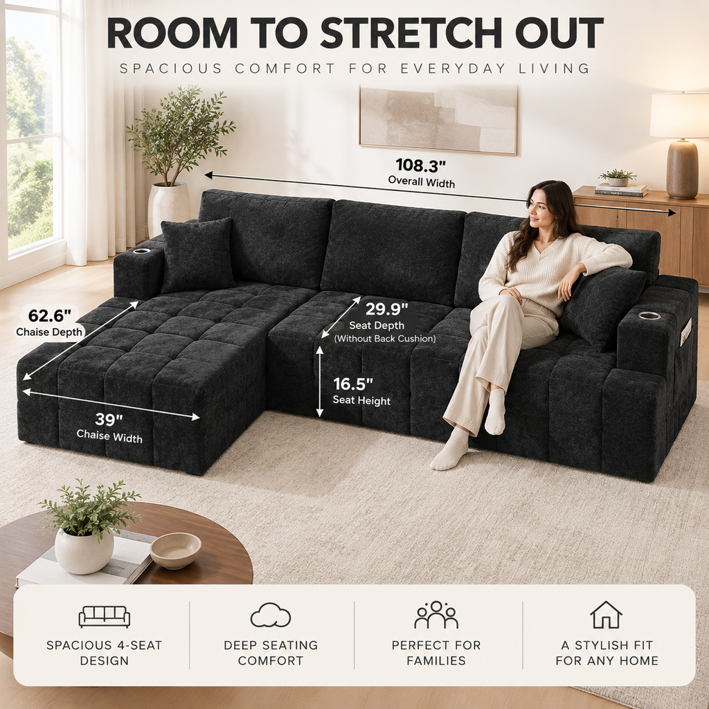 108-Inch L-Shaped Chenille Cloud Sectional Sofa with Chaise, No Assembly, Black