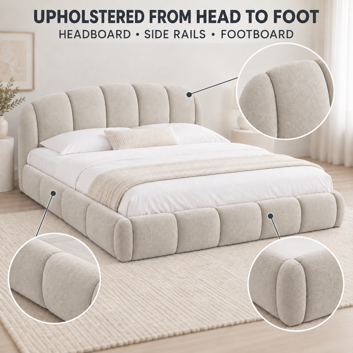 Queen Chenille Upholstered Platform Bed Frame, Curved Headboard, Beige