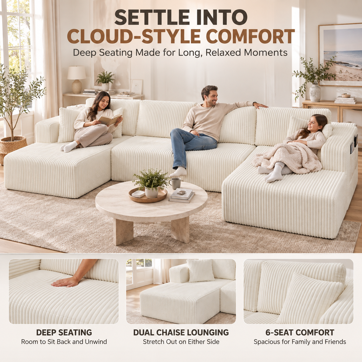 132.5" U-Shaped Modular Corduroy Sectional Sofa, 6-Seater Memory Foam Cloud Couch with Side Pockets, No Assembly, Beige