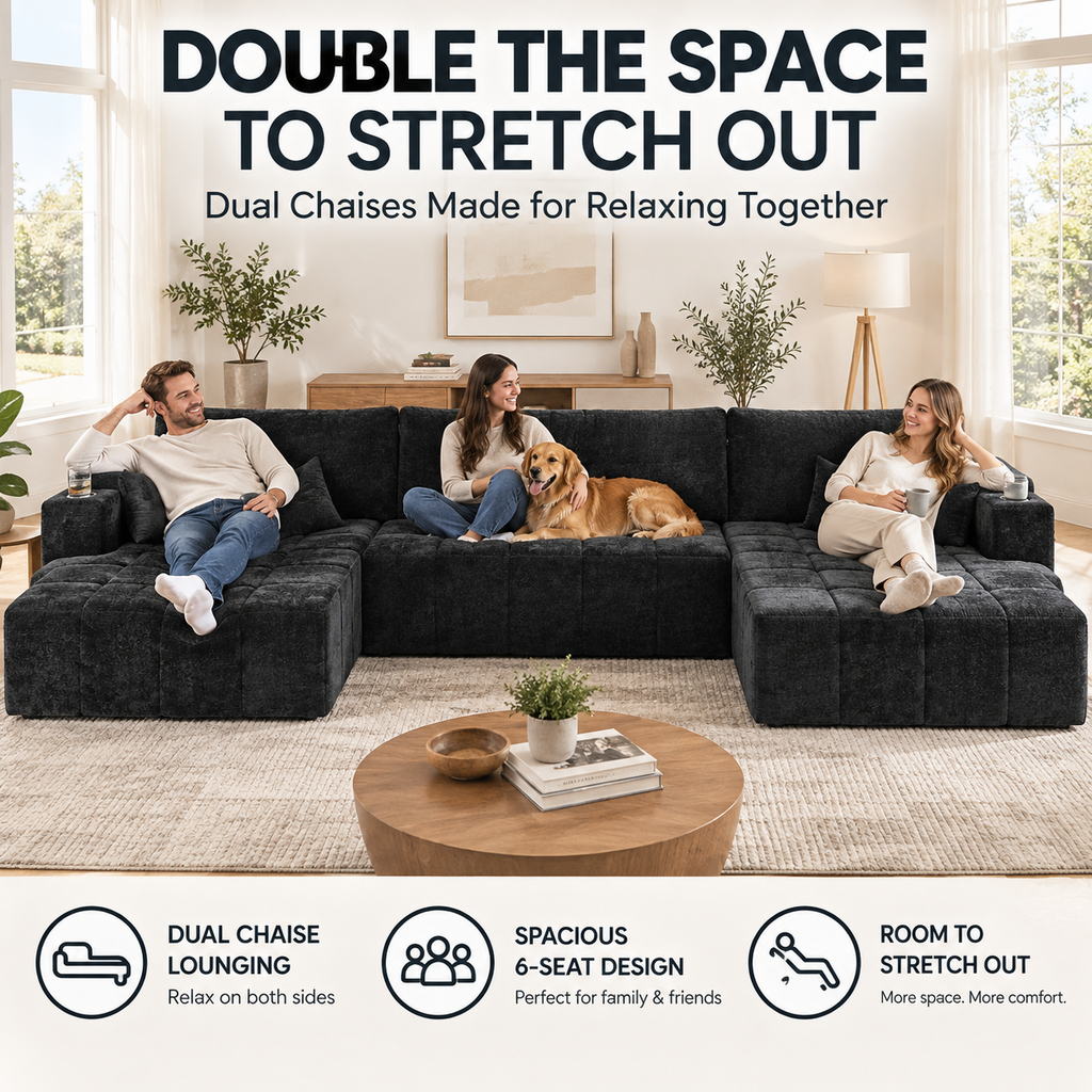 132.5" U-Shaped Chenille Sectional Sofa, 6-Seater Cloud Couch with Dual Chaises, Cup Holders & Side Pockets, No Assembly, Black