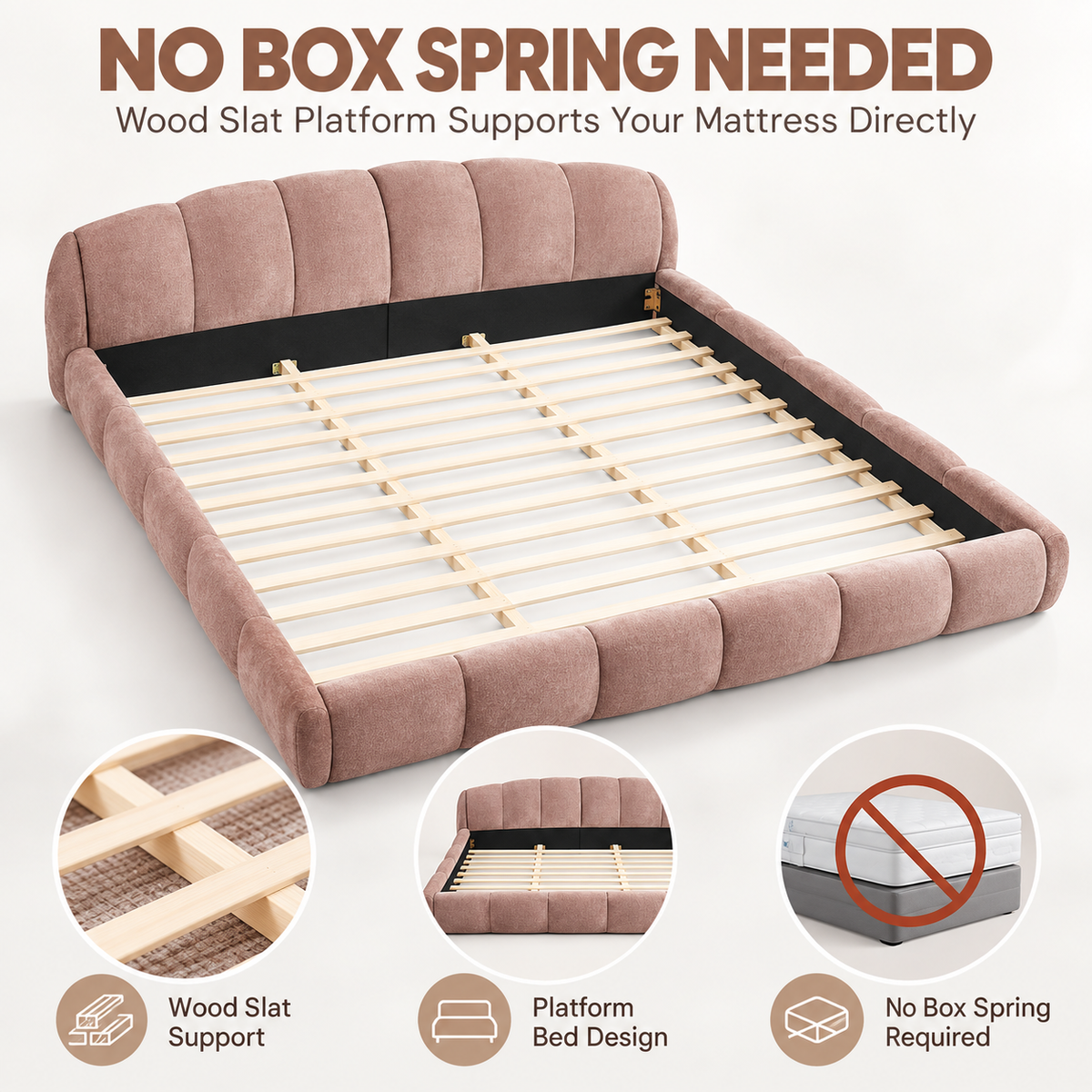 King Size Chenille Upholstered Platform Bed Frame, Curved Headboard & Wrapped Footboard, Low Profile Bed, Wood Slats, No Box Spring Needed, Pink