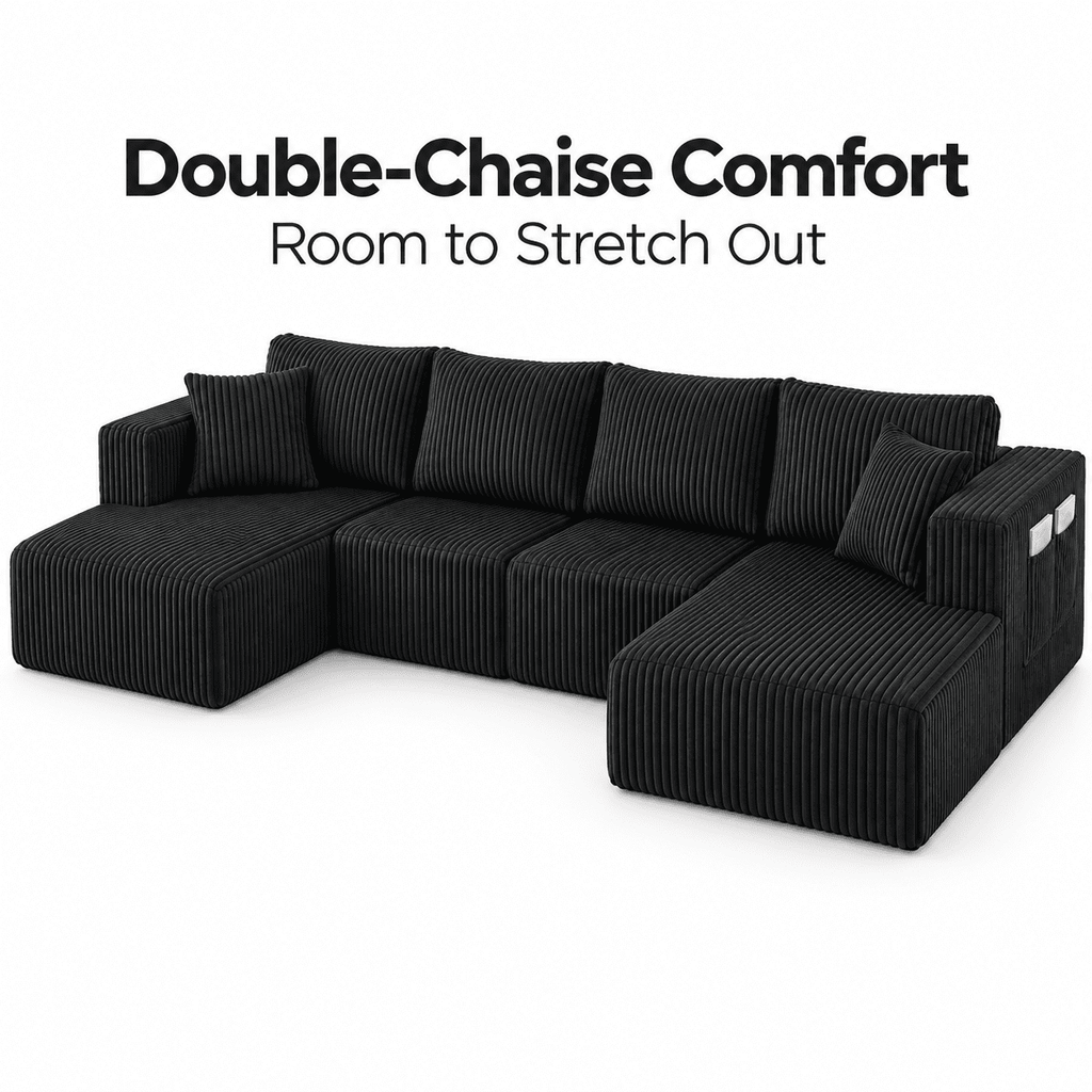 132.5" U Shaped Boneless Modular Sectional Sofa, Oversized Corduroy Couch with Double Chaise, Deep Seats & Side Pockets, No Assembly Compression Sofa for Living Room, Black