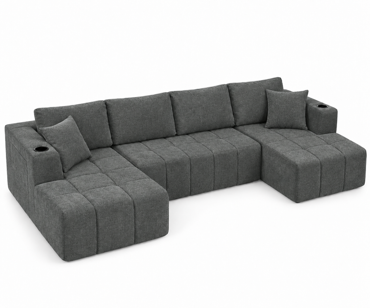 132.5" U-Shaped Chenille Sectional Sofa, 6-Seater Cloud Couch with Dual Chaises, Cup Holders & Side Pockets, No Assembly, Dark Gray